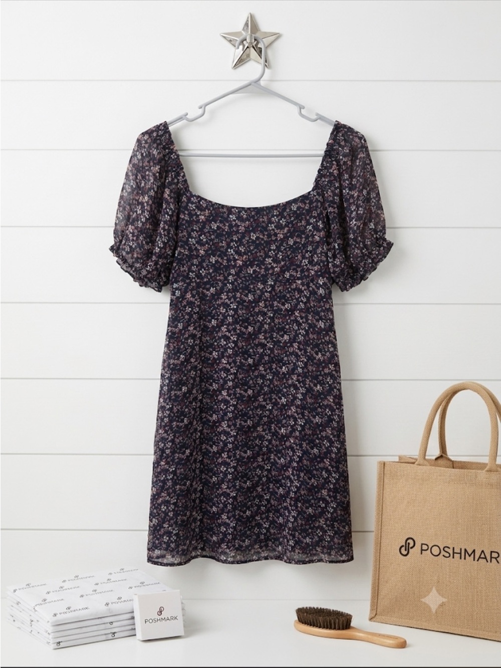 Rewind Navy Floral Puff-Sleeve Square-Neck Mini Dress